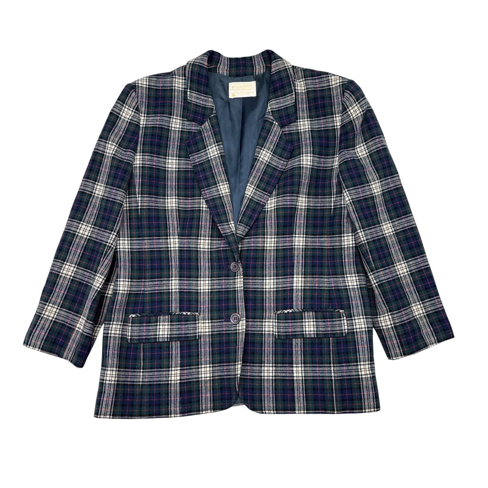 Pendleton Blazer Jacket Womens Size 12 Wool Green Red Plaid Holiday Christmas
